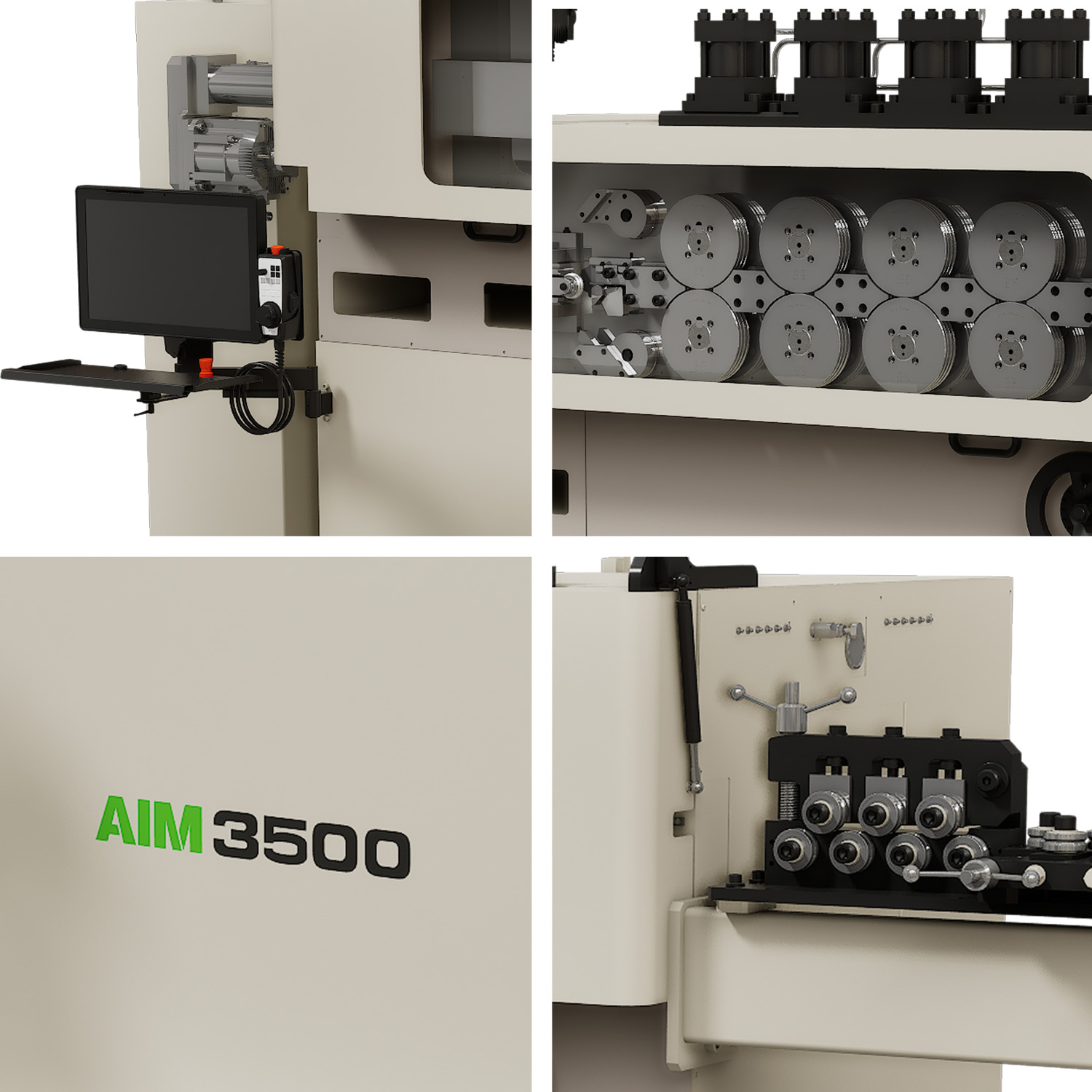 AIM 3500 coiling machine: collage of closeups showing model name and features