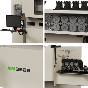 AIM 3625 coiling machine: collage showing model name and product features