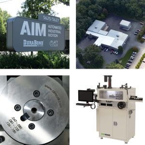 Automated Industrial Motion: company sign, aerial view of building, wire guide, and coiling machine