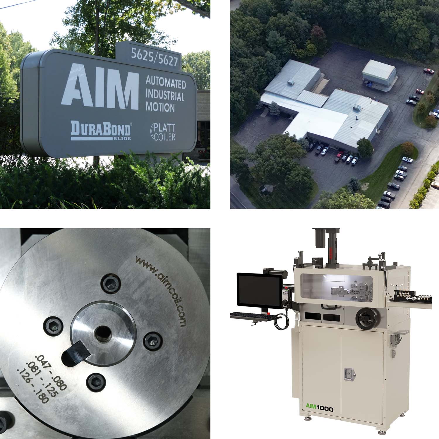 Automated Industrial Motion: company sign, aerial view of building, wire guide, and coiling machine