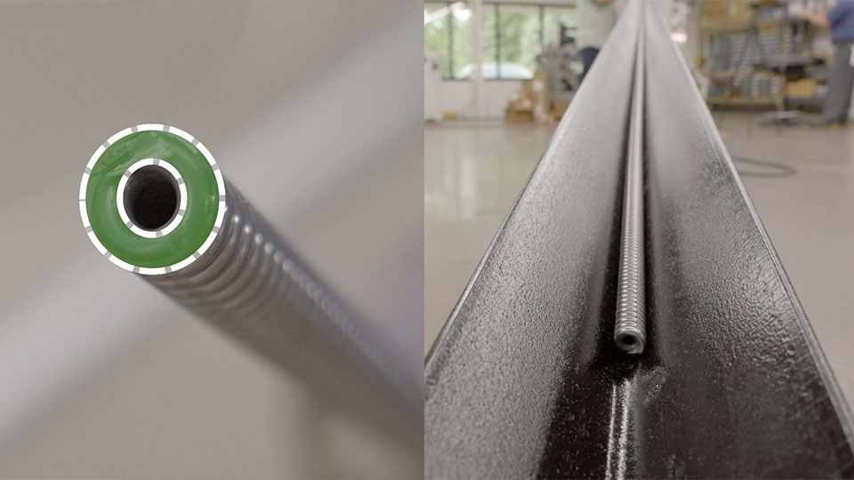 Left: graphic illustrating spring index on an auger coil; right: auger coil during coiling process
